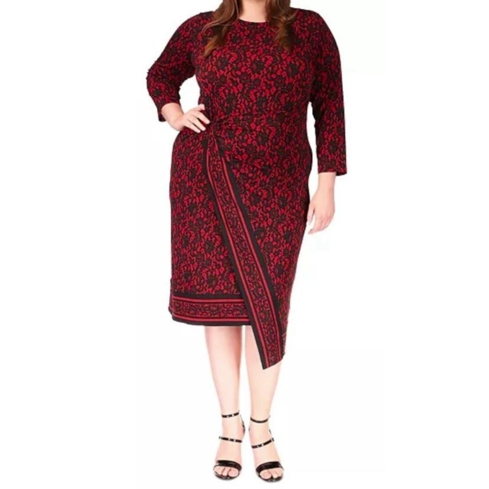 Michael Kors Women's Plus Size Asymmetrical-Hem 3/4 Sleeve Midi Dress Crimson 2X